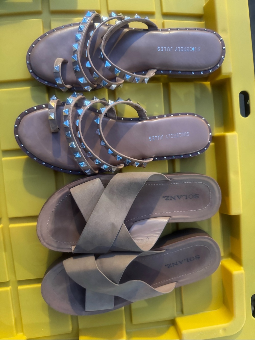 Sincerly Jules Taupe Studded Triple-Strap Slide Sandals